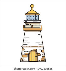 Lighthouse on seashore outline color illustration. Ocean skyline and birds in sky vector drawing. Marine navigational system. Old building at bay