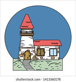 Lighthouse on seashore outline color illustration. Ocean skyline and birds in sky vector drawing. Marine navigational system. Old building at bay