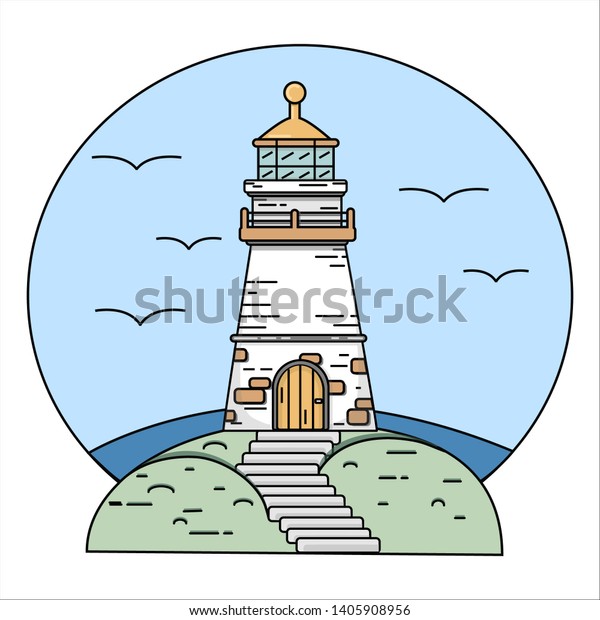 Lighthouse On Seashore Outline Color Illustration Stock Vector Royalty Free