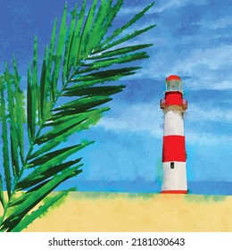 Lighthouse On Seashore With Palm Tree Vector Illustration Watercolor Style Island Pharos Light House Seascape Beacon Sandy Beach With Signal Building Hope Symbol Expectation Solitude Concept Clipart