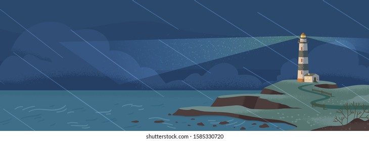 Lighthouse on seashore at rainy night flat vector illustration. Island pharos, seascape, signal building on seaside. Coastline landscape with beacon. Navigation aid tower on horizon.