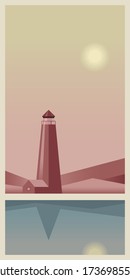 Lighthouse on the seashore, reflection of mountains in the water, sunset and sunrise .Minimal abstract art creative travel colorful modern flat concept background design illustration poster. 