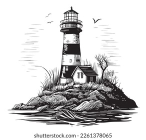 Lighthouse on the seashore sketch hand drawn illustration