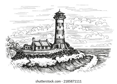 Lighthouse on seashore sketch. Seascape, light house, signal building on seaside. Vintage vector illustration