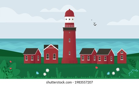 Faro a orillas del mar. Pequeños edificios antiguos y faro en la costa de la isla. Paisaje costero con baliza. Ilustración vectorial en estilo plano