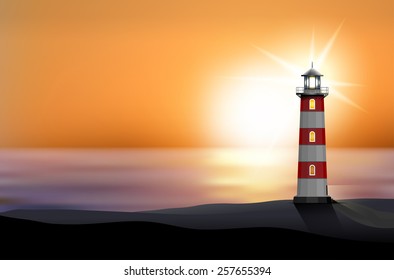 Lighthouse on the seashore at sunset - vector illustration