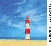 Lighthouse on seashore vector illustration Watercolor style Island pharos light house seascape beacon Sandy beach with signal building Hope symbol expectation solitude concept clipart