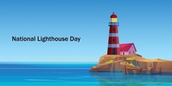 Lighthouse On Seashore Vector Illustration. Blue Sea Background. Island Pharos, Light House, Seascape, Signal Building On Seaside. Coastline Landscape With Beacon. Summer Landscape Of Ocean Beach.