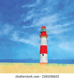 Lighthouse On Seashore Vector Illustration Watercolor Style Island Pharos Light House Seascape Beacon Sandy Beach With Signal Building Hope Symbol Expectation Solitude Concept Clipart