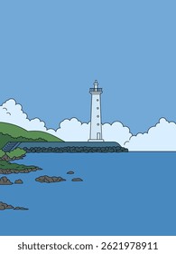 Lighthouse on the seashore. Vector illustration. Sketch for creativity.