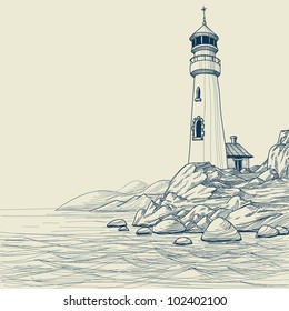 Lighthouse On Seashore Vector Sketch