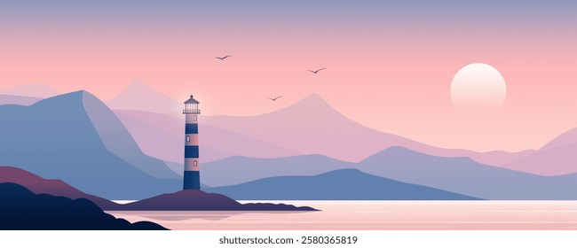 Lighthouse on the shore of a beautiful ocean bay. Beautiful landscape of a sea lighthouse on a rocky coast, stunning mountains and a red sunset with a rising moon. Panoramic seascape.