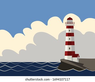 Lighthouse on the shore on a clear day, blue sky with clouds seascape, flat vector illustration.