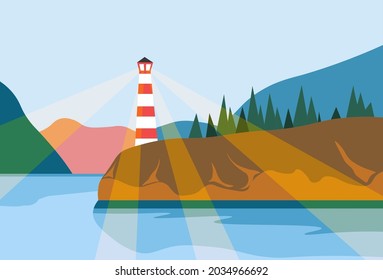 Lighthouse on shore illuminating and showing way, navigation and sailing. Nautical infrastructure and help from seashore. Beaming beacon, landscape with lake, sea or pond. Vector in flat style
