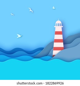 Lighthouse on the shore of a reservoir in paper cut style. Vector 3d sea waves, mountain shape and flying birds in blue sky cut out from cardboard. Wallpaper of National Lighthouse Day August 7
