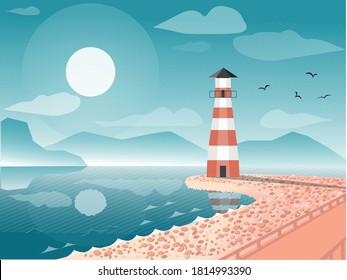 lighthouse on the shore and seagulls