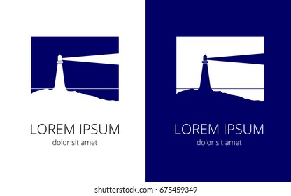 lighthouse on shore shines with ray, isolated set in blue white color