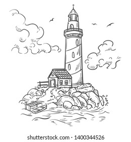 lighthouse on a small island hand draw illustration