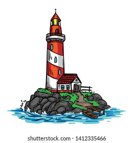 lighthouse on a small island hand draw illustration