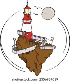 Lighthouse on the small rocky island vector logo emblem. Lighthouse tower mascot.