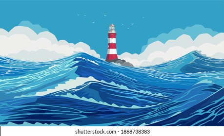 Lighthouse on a stone bank in a harsh ocean. Wavy and beautiful sea. The Pacific Ocean is raging. Large and strong blue waves. Raging Ocean Waves in the Blue Sea. Illustration, EPS 10