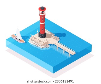 Lighthouse on stone foundation in calm sea in 3d isometric design. Beautiful ocean coast. Luxury yacht sailing in resort with blue water. Blue sea with clear water. Icon element. Vector illustration