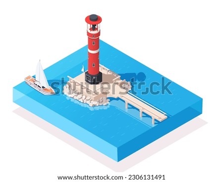 Lighthouse on stone foundation in calm sea in 3d isometric design. Beautiful ocean coast. Luxury yacht sailing in resort with blue water. Blue sea with clear water. Icon element. Vector illustration