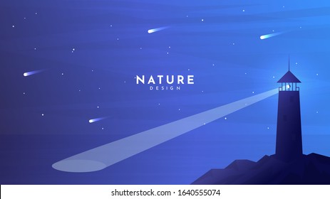 Lighthouse on stone island near ocean. Falling asteroids. Minimalist vector landscape. Website or game template. Flat concept background with text. Blue panoramic wallpaper. Polygonal sky and water.
