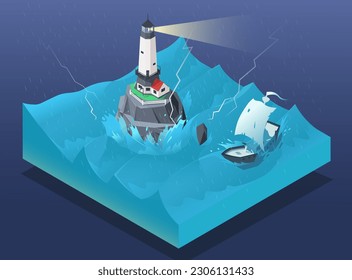 Lighthouse on stone rock in a harsh and stormy ocean in 3d isometric design. Wavy and beautiful sea. Yacht with sailing in large blue waves. Blue sea with rain and lightning. Vector illustration