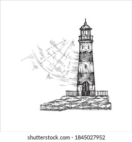 Lighthouse on a stone slope. Spotlight for a ship or boat. Black-white sketch vector.