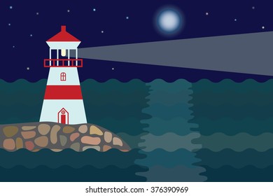  Lighthouse on the stony shore at night 