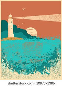 Lighthouse on sunset with sea waves.Underwater sea poster background for text