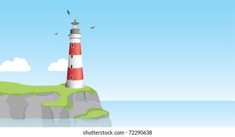 A lighthouse on top of rocks with grass, with plenty of copy space. Editable vector illustration.