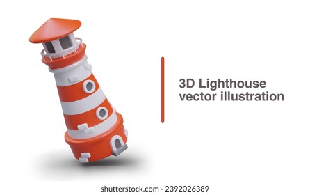 Lighthouse on white background with place for text. Tower in red and white colors with shadow, shining at night for ships. Vector illustration in 3d style