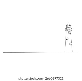 lighthouse one continuous line drawing, continuous line drawing of a lighthouse tower. one line drawing of a coastal lighthouse. Single line vector illustration on a white background
