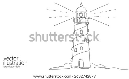 Lighthouse one line drawing. Continuous outline beacon architecture minimalist design. Nautical safety travel navigation tourism. Simple line black background vector