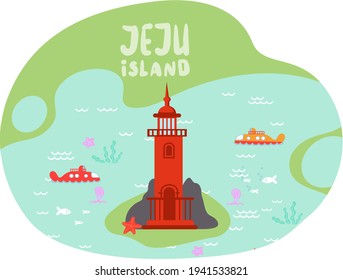 Lighthouse in oriental style surrounded by submarines and marine life of Jeju island in South Korea