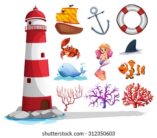 Lighthouse and other ocean things illustration