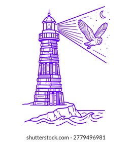 Lighthouse with an owl flying in its guiding beam of light at night illustration, lighthouse