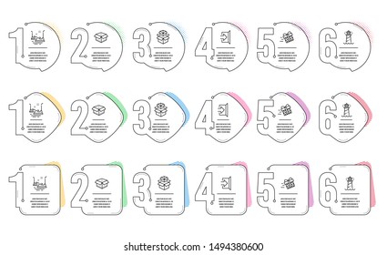 Lighthouse, Packing boxes and Present delivery line icons set. Infographic timeline. Bumper cars, Open box and Exit signs. Searchlight tower, Delivery box, Shopping service. Carousels. Vector