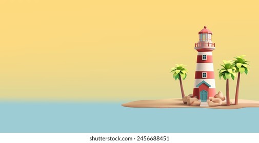 Faro, palmeras, playa, 3D. Un faro realista para la publicidad. Viajes, navegación, seguridad. Objeto de publicidad y promoción del turismo. Vector