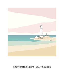Lighthouse with panoramic sea background in soft sunset colours. Minimalist vector illustration  concept for card, banner, poster, flyer