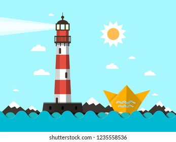 Lighthouse with Paper Boat on Ocean Waves - Vector Landscape