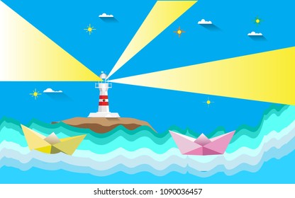 Lighthouse with paper boat in the sea.