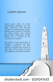 Lighthouse paper cutting art. Vector illustration with tower, the ocean, flying seagulls and clouds. Abstract seascape. Background for cover, poster, flyer, invitation. Isolated elements.
