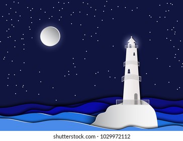 Lighthouse paper cutting art. Vector illustration with tower, ocean, full moon and starry sky. Background for cover, poster, flyer, invitation.