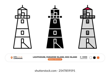 Leuchtturm Paradise Island Hog Island Line Icon. Nassau Bahamas, Silhouette, Farbsymbol, editierbarer Strich.