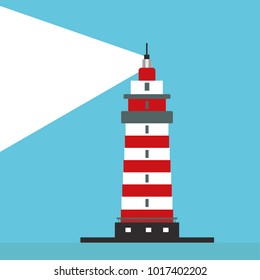 	
Lighthouse, path lighting. Lighthouse shines at night. Flat design, vector illustration.