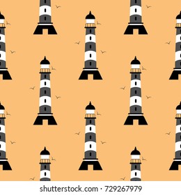 Lighthouse pattern background, vintage and old, lighthouse with birds