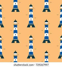 Lighthouse pattern background, vintage and old, lighthouse with birds